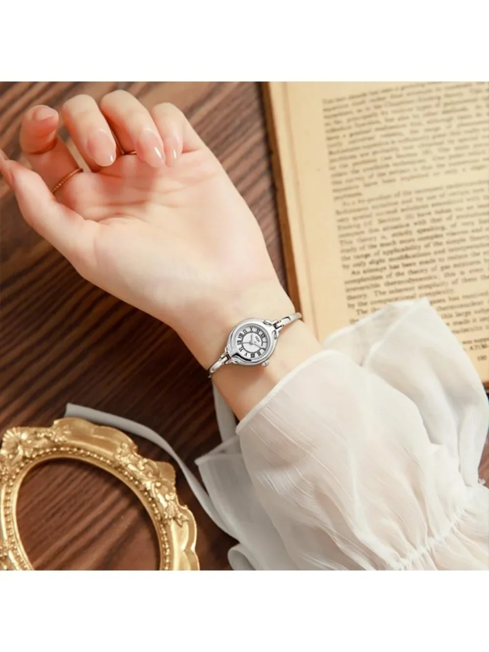 Women's Silver White Small Dial Bangle Thin Strap Classic Vintage Style Watches